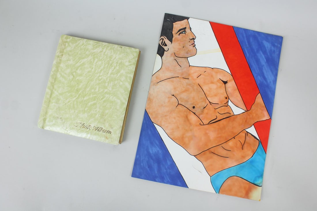 Drawing Shirtless Man, Gay Interest, 1980's California Photo Album: Drawing of a Shirtless Man, Gay Interest, Los Angeles Photo Album. Lot includes: a drawing of a man in a swimsuit with red, white & blue background, and a photo album with notes and photos of men in C