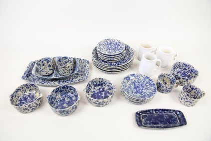 Lot of 28 Bennington Pottery Dishes, Plates, Blue Agate Spongeware