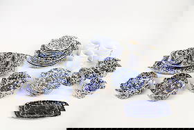 Lot of 28 Bennington Pottery Dishes, Plates, Blue Agate Spongeware: Lot of 28 Bennington Pottery Serveware, Trigger Mugs. Lot of classic stoneware pottery, most glazed in Bennington's Blue Agate; includes 5 dinner plates, 5 salad plates, 5 saucers, 4 mugs, 4 soup bowl