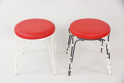 Pair of French Iron and Red Vinyl Garden Stools