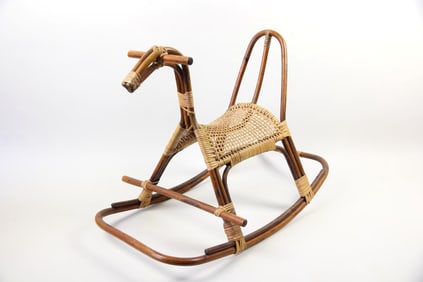 Mid-Century Modern Rattan & Bamboo Rocking Horse