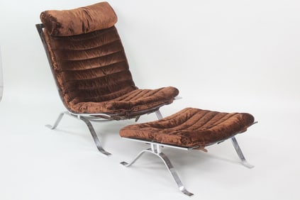 Steel & Velvet Lounge Chair and Ottoman by Arne Norell