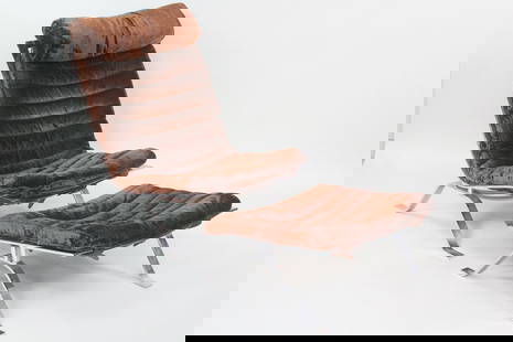 Steel & Velvet Lounge Chair and Ottoman by Arne Norell: Mid-century Modern Arne Norell 'Ari' Steel & Velvet Lounge Chair and Ottoman. Sleek chair & ottoman set featuring a polished