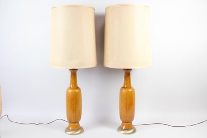 Pair of Large Textured Orange Ceramic Lamps