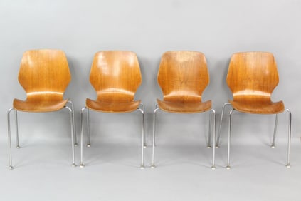 Set of 4 Modernist Teak Wood & Metal Chairs, Oivind Iversen