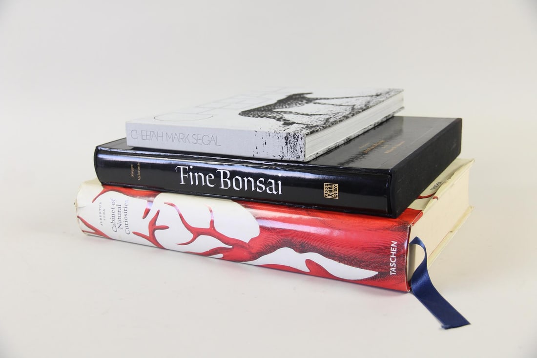 Group of 3 Nature & Natural History Coffee Table Books: Group of 3 Coffee Table Books, Cabinet of Natural Curiosities & Others. Three hardcover books; 'Cabinet of Natural Curiosities' by Albertus Seba, 'Fine Bonsai' by Singer Valavanis, and 'Cheetah' by Ma