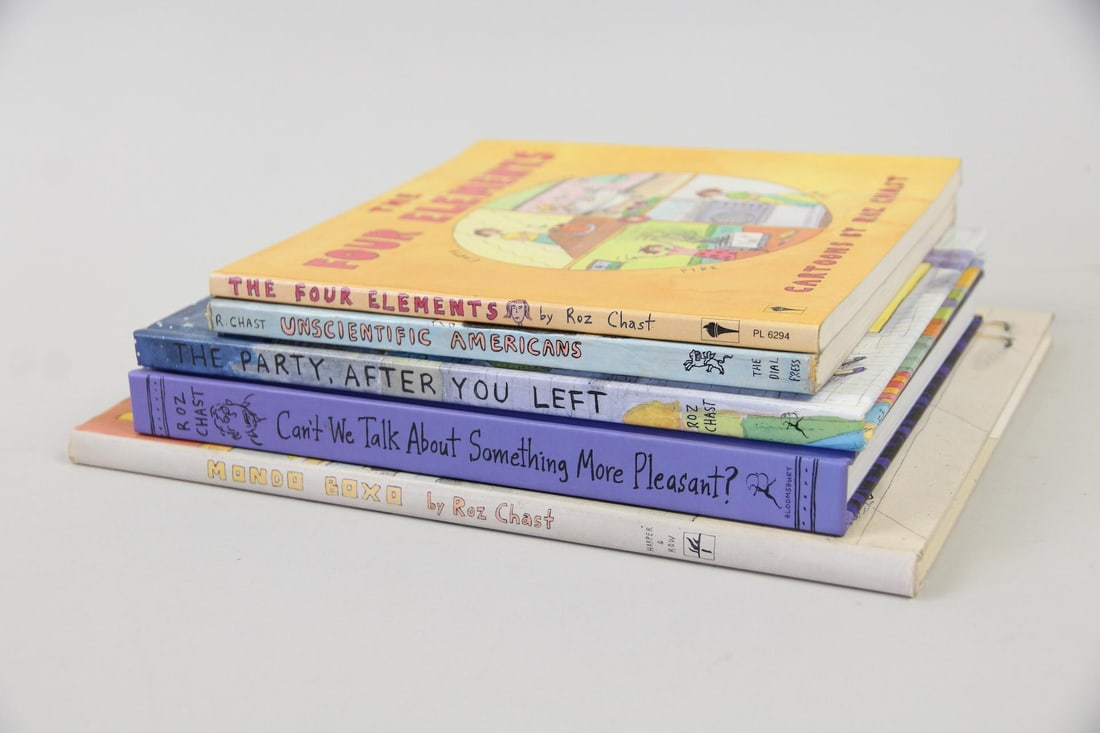 Lot of 5 Roz Chast Books, Unscientific Americans & Others: Lot of 5 Roz Chast Books, Cartoons. Group of books by the celebrated New Yorker cartoonist. The five titles included in this lot are The Four Elements, Unscientific Americans, Mondo Boxo, The Party Af