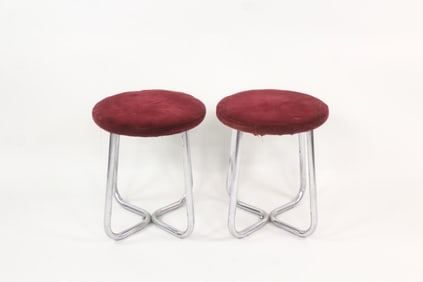 Pair of Mid-Century Modern Tubular Chrome & Velvet Stools