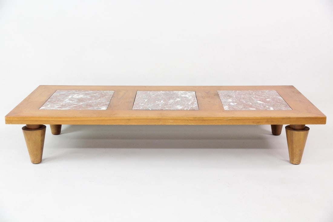 Widdicomb Floating Wood & Marble Coffee Table: Widdicomb Mid-Century Modern Floating Wood & Marble Low Coffee Table. Made of honey gold-toned wood with 3 removable reddish brown marble slab inset panels. Legs are an unusual conical shape, with Joh