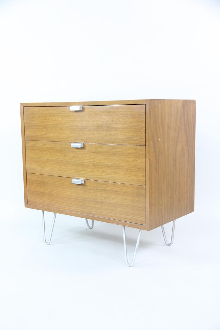George Nelson for Herman Miller BCS 3-Drawer Cabinet, 2 of 2: Mid-Century Modern George Nelson Wooden BCS Dresser. This minimalist wooden low standing cabinet or dresser has 3 drawers with silver metal pulls and hairpin legs. Metal George Nelson, Herman Miller l