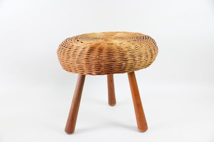 Mid-Century Modern Tony Paul 3-Legged Wicker & Wood Stool