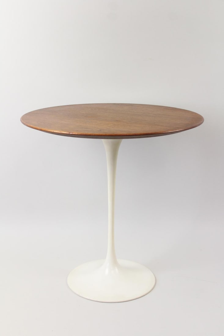 Wood Top Saarinen for Knoll Tulip Side Table: Wood Top Saarinen for Knoll Tulip Side Table. Small but heavy tulip table with metal base and beautiful wooden top, perhaps walnut. Knoll label attached. Dimensions are 20 in h x 20 in w x 20 in d. Co