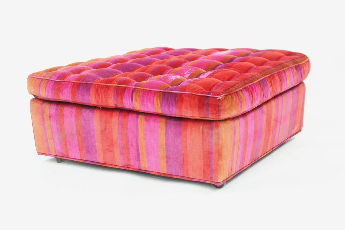 Lenor Larsen Striped Pink Velvet Upholstered Ottoman, 3 foot: Mid-Century Modern Lenor Larsen Striped Velvet Upholstered Ottoman, 3 foot. This square ottoman has a striped velvet vibrant pink fabric upholstery and 4 rolling wheels underneath. No maker's mark, we