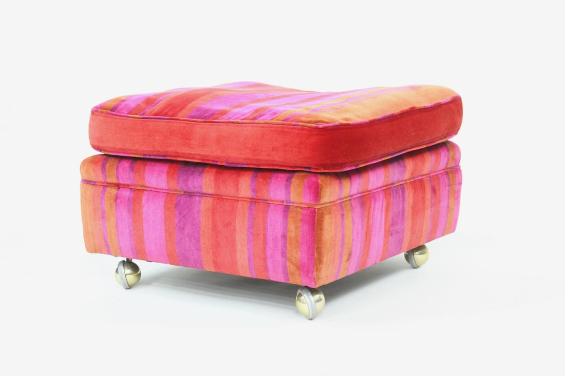 Lenor Larsen Striped Pink Velvet Upholstered Ottoman, 2 foot: Mid-Century Modern Lenor Larsen Striped Velvet Upholstered Ottoman, 2 foot. This square ottoman has a striped velvet vibrant pink fabric upholstery and 4 rolling wheels underneath. No maker's mark, we
