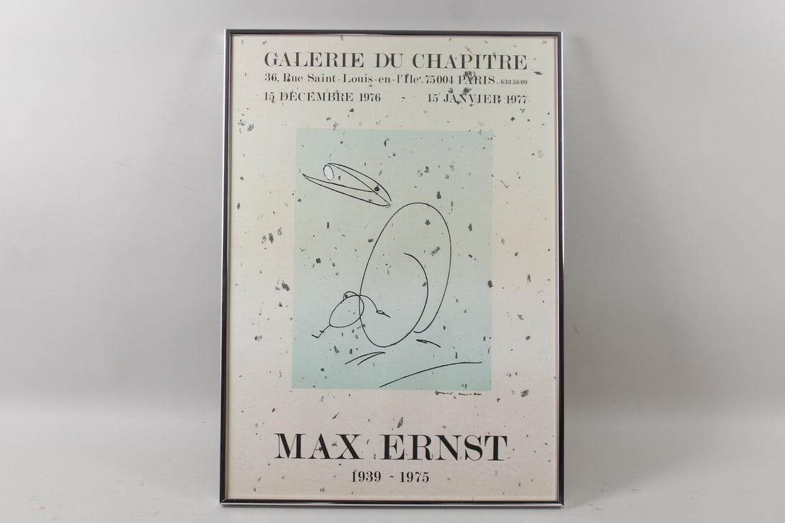 Max Ernst 1976 Surrealist Exhibition Poster: Max Ernst 1976 Surrealist Exhibition Poster. Lithographic poster for an exhibition of Max Ernst's work at the Galerie du Chapitre in Paris in 1976-77. In a silver metal frame. Dimensions are 28.5 in h