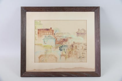 Abstract Monoprint of Houses & Townscape, Signed "Deede"