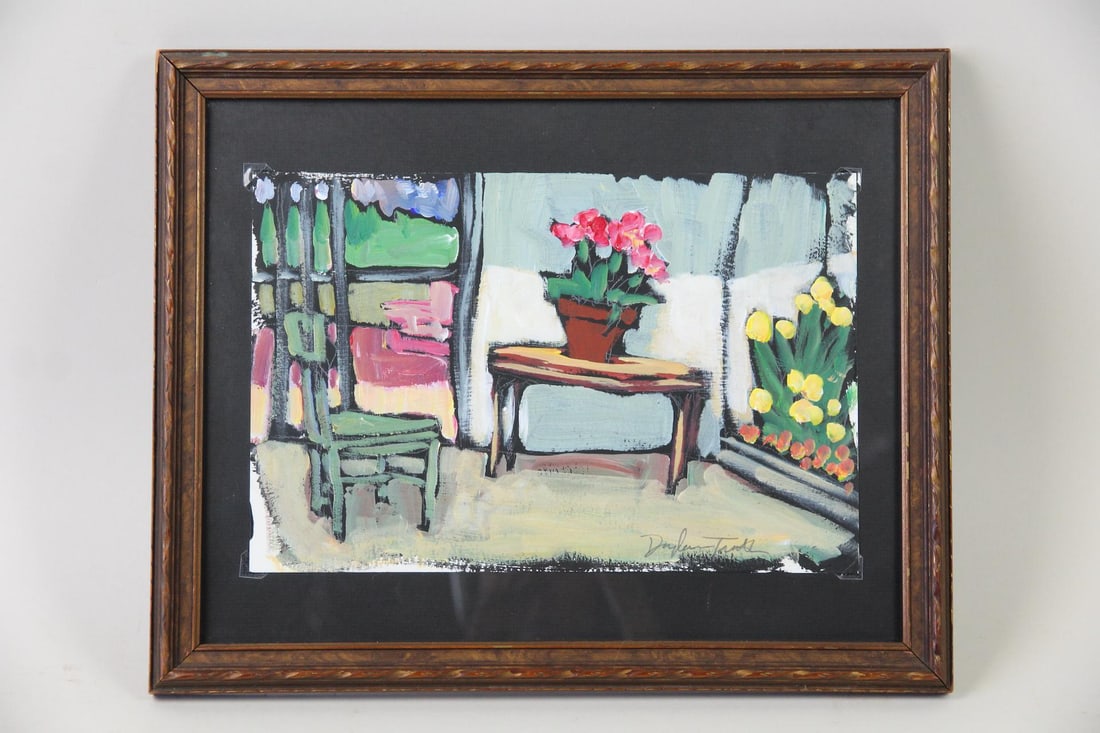 Douglass Truth Modernist Painting of an Interior: Douglass Truth Modernist Painting of an Interior. Colorful still life on paper, signed lower right by the Berkshires artist Douglass Truth. In a wooden frame. Dimensions are 12.5 in h x 15.5 in w x .7