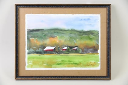 Impressionistic Modernist Watercolor Painting of Red Barns, Signed