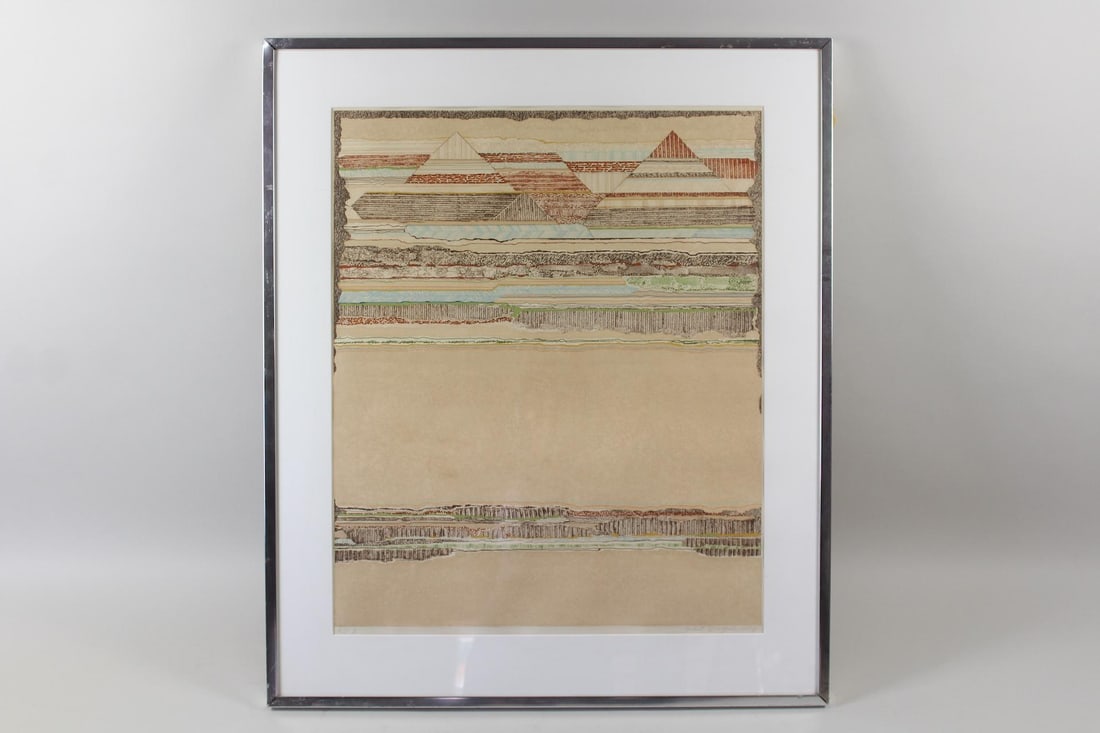 Robert Quijada Modernist Print of Pyramids, Artist Proof: Robert Quijada Modernist Print of Pyramids, Artist Proof. Hand colored limited edition aquatint Notated AP2 lower left and signed lower right by the artist Robert Quijada (American 1935-2015.) In a si