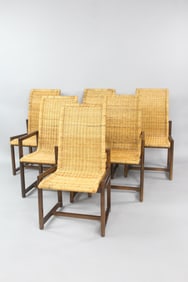Set of 6 Wood & Wicker Rattan Dining Chairs