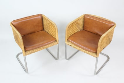 Pair of Wicker & Chrome Cantilever Chairs, Harvey Probber