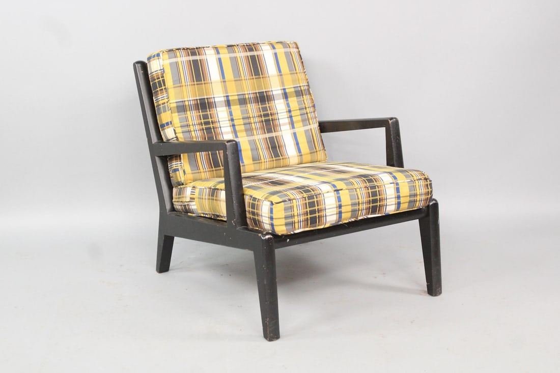 Mid-Century Modern Black Lounge Chair with Plaid Cushions: Mid-Century Modern Black Wooden Lounge Chair with Plaid Cushions. Lounge chair with black painted wood frame and cushions covered in a great plaid fabric. Dimensions are 32 in h x 27.5 in w x 35 in d.