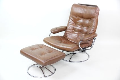 Leather & Chrome Ekornes Stressless Lounge Chair and Ottoman