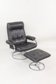 Chairworks Reclining Black Leather & Chrome Chair with Ottoman