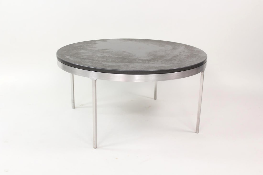 Nicos Zographos Brushed Metal & Slate Coffee Table, 2 of 2: Mid-century Modern Nicos Zographos Coffee Table, 2 of 2. A low, minimalist table with circular slate top and brushed metal base, which appears to be steel. Zographos 6642 etched on side. This is the s