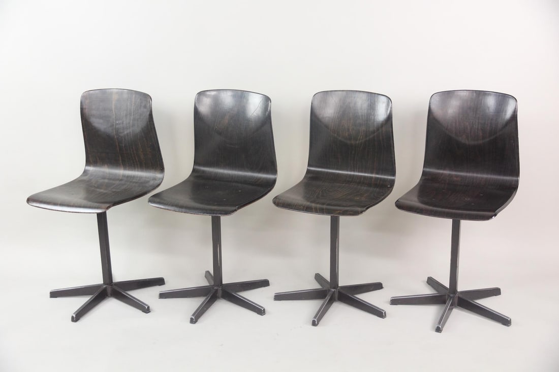 Set of 4 Mid-Century Modern "Thur-Op-Seat" Chairs, Pagholz West Germany: Set of 4 Mid-Century "Thur-Op-Seat" Chairs, Pagholz West Germany. These industrial chairs have molded seats on metal starburst bases with 5 flat legs, finished in brown. Marked as Thur-Op-Seat, Paghol
