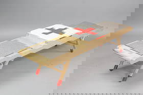 School for American Crafts Wooden Red Cross Bench, Francois Chambard: School for American Crafts Wooden Red Cross Bench, Francois Chambard. A contemporary bench made of maple it has two grey felted pads on either side of a red cross storage compartment with tapered legs