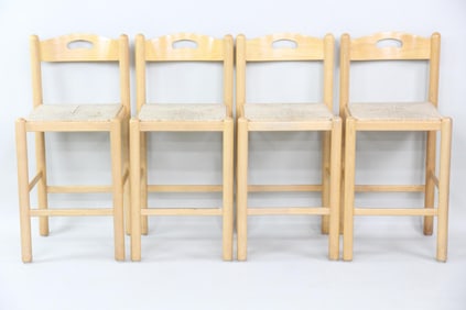 Set of 4 Italian Boho Rush Seat Bar Stools, Style of Vico Magistretti