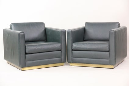 Pair of Green Leather Cubist Club Chairs, Mueller of Grand Rapids