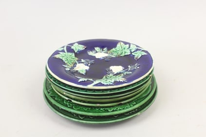 Lot of 7 Victorian Majolica Plates, Grape Vines & Flora
