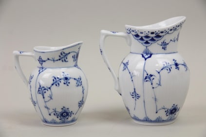 Pair of Royal Copenhagen Porcelain Blue Fluted Half Lace Cream Jugs