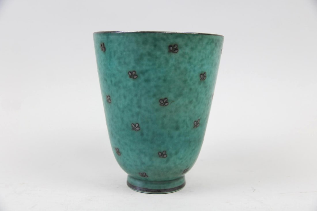 Swedish Argenta Stoneware Vase, Wilhelm Kage for Gustavsberg: Argenta Stoneware Vase, Wilhelm Kage for Gustavsberg. Small stoneware vase, glazed green and embellished with tiny flowers. Marked on underside. There is a matching larger vase listed elsewhere in thi