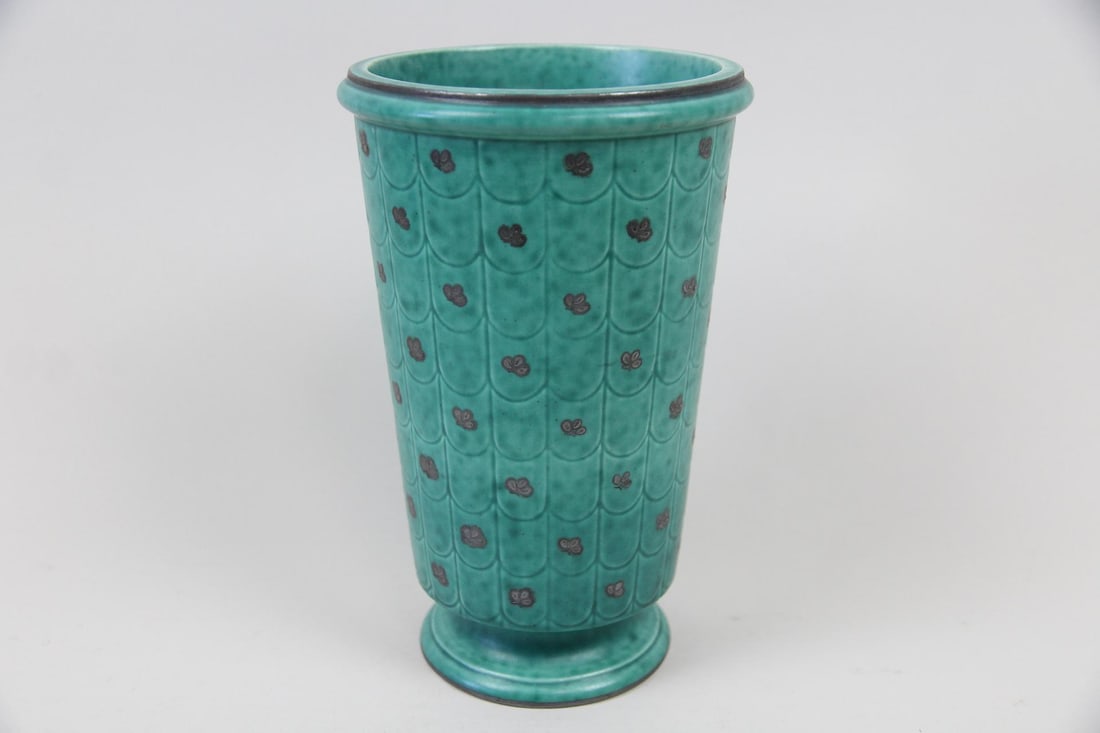 Swedish Argenta Stoneware Vase, Wilhelm Kage for Gustavsberg: Argenta Stoneware Vase, Wilhelm Kage for Gustavsberg. Stoneware vase, glazed green and embellished with tiny flowers. Marked on underside. There is a matching smaller vase listed elsewhere in this auc