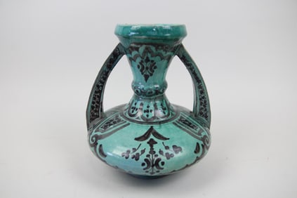 Moroccan Green & Black Handled Pottery Vase
