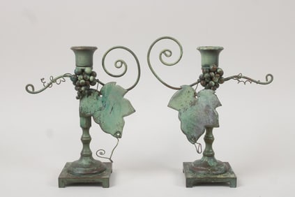 Pair of Bronze Grapevine Candlesticks with Verdigris Finish