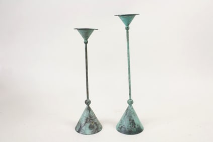 Pair of Postmodern Verdigris Metal Candle Holders