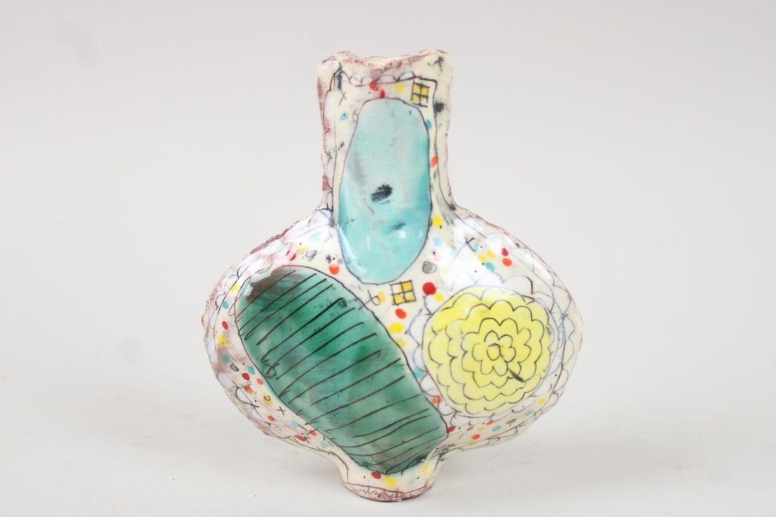 Kari Radasch Redware Studio Pottery Vase: Kari Radasch Redware Vase with Painterly Decoration. Small vase with colorful and fun painterly embellishments by contemporary Maine ceramic artist Kari Radasch. Signed on underside. Dimensions are 5.