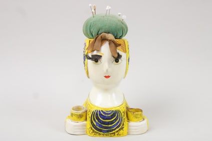 Papier Mache Figural Pincushion & Lipstick Holder