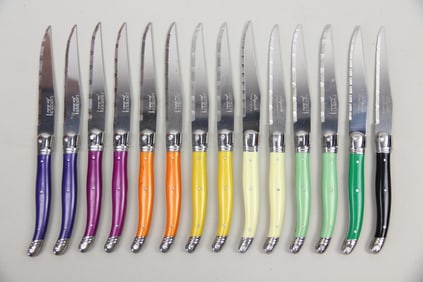 Group of 14 Laguiole Steak Knives with Rainbow Color Handles