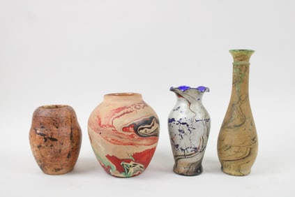 Lot of 4 Glass & Pottery Marbled Vases, Includes Nemadji
