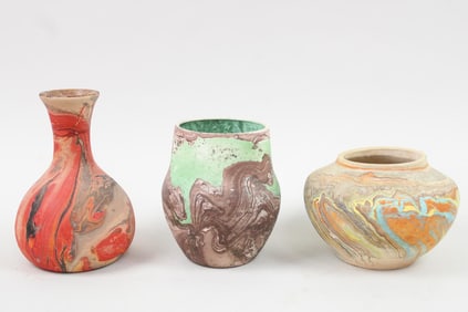 Lot of 3 Marbled Pottery Vases, Nemadji
