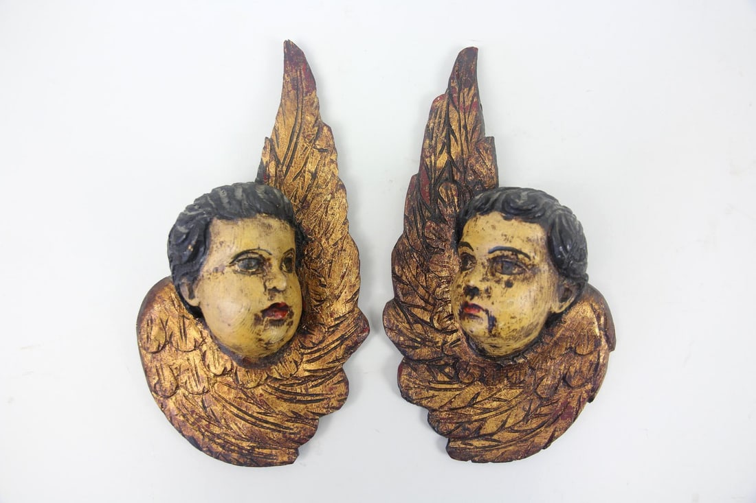 Pair of Carved Wood Angel Cherub Wall Sculptures (1 of 8)