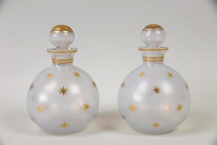 Pair of Czech Art Deco Frosted Glass Perfume Bottles, Stars