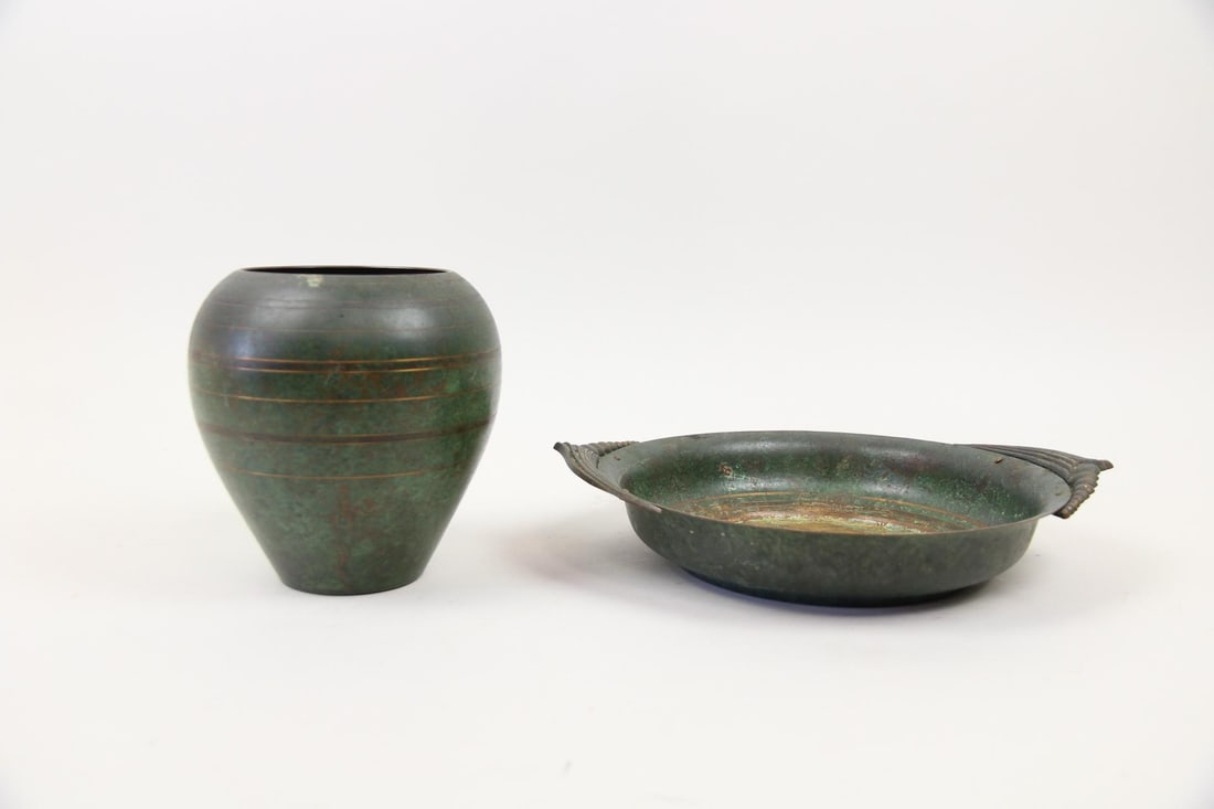 2 Pieces of Verdigris Bronze Ware by Carl Sorensen, Bowl & Vase: 2 Pieces of Art Deco Bronzeware by Carl Sorensen. Grouping includes a bulbous vessel and shallow bowl, both with blue-green verdigris patina and polished lines. Bowl has artist's signature etched on u