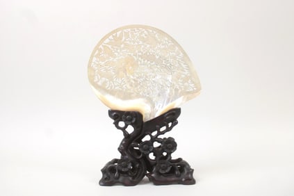 Chinese Carved Wood & Pearl Shell Ornament, Birds & Florals