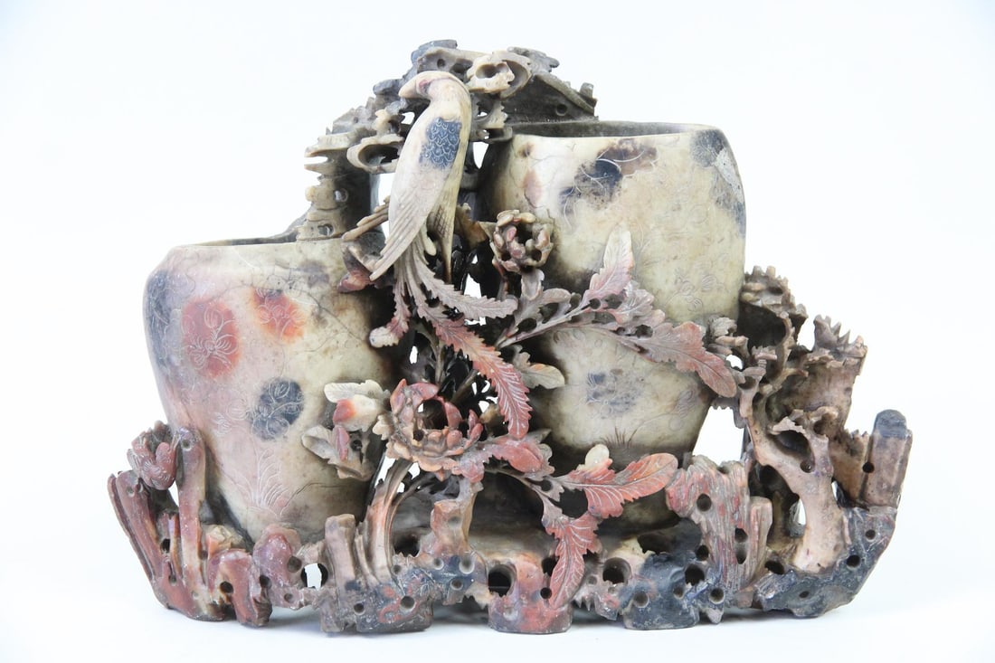 Chinese Carved Soapstone Double Vase, Bird & Florals (1 of 10)